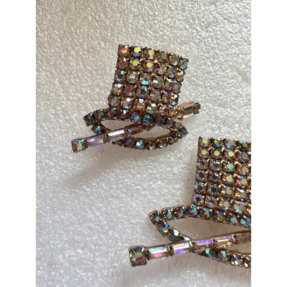 Hobe' Aurora Borealis Rhinestone Pin & Earrings Set Top Hat w/ Cane - Picture 3 of 7